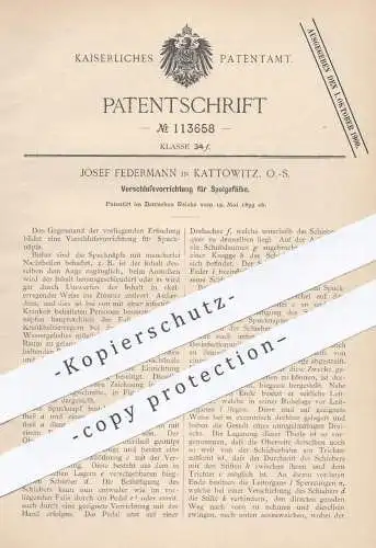 original Patent - Josef Federmann , Kattowitz 1899 , Verschluss f. Speigefäße | Spucknapf , Napf , Krankenhaus , Medizin