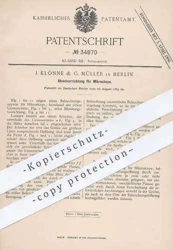 original Patent - J. Klönne & G. Müller , Berlin , 1885 , Blendvorrichtung für Mikroskope | Mikroskop , Mikroskopie !!