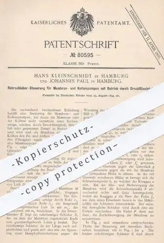 original Patent - Hans Kleinschmidt , Johannes Paul , Hamburg , 1894 , Rohrschieber - Steuerung für Pumpen | Pumpe !!!