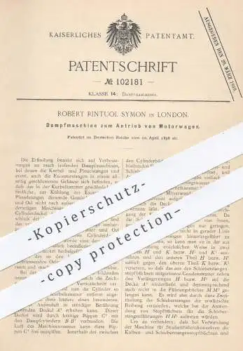 original Patent - Robert Rintuol Symon , London , 1898 , Dampfmaschine zum Antrieb von Motorwagen | Motor , Motoren !!!