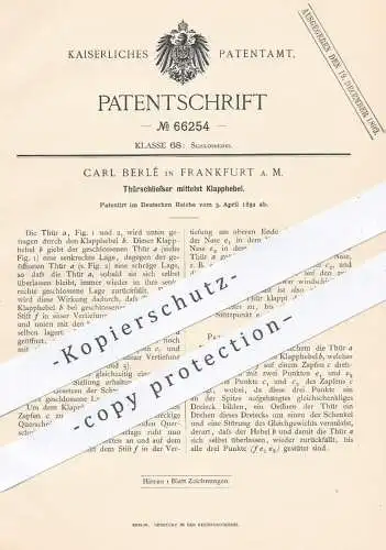 original Patent - Carl Berlé , Frankfurt , 1892 , Türschließer mittels Klapphebel | Tür , Türen , Schloss , Schlosser !!