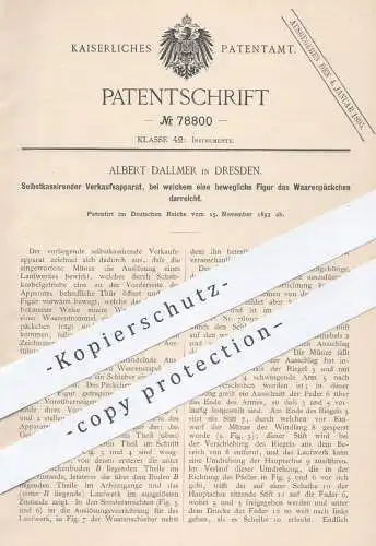original Patent - Albert Dallmer , Dresden , 1893 , Selbstkassierender Verkaufsautomat | Automat mit Münzeinwurf !!!