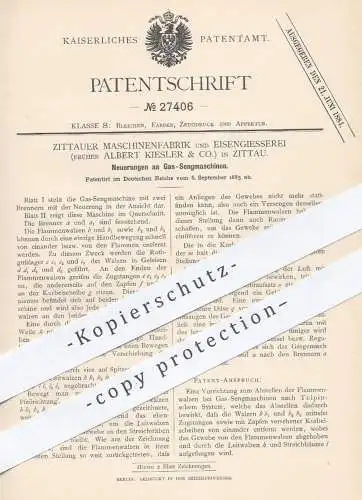 original Patent - Maschinenfabrik u. Eisengießerei | Albert Kiesler & Co. Zittau , 1883 , Gas - Sengmaschinen | Brenner