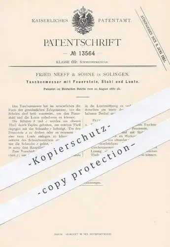 original Patent - Fried. Neeff & Söhne , Solingen , 1880 , Taschenmesser mit Feuerstein , Stahl u. Lunte | Messer !!!