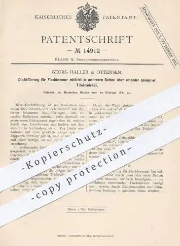 original Patent - Georg Haller , Hamburg Ottensen , 1881 , Dochtführung für Flachbrenner | Brenner , Gasbrenner , Lampe