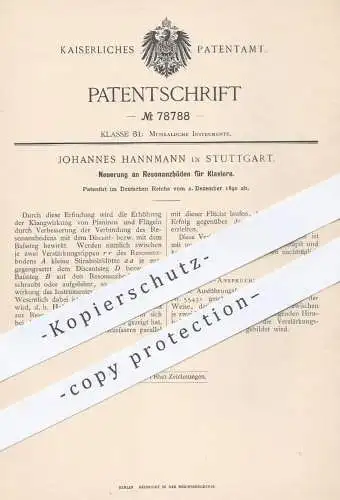original Patent - Johannes Hannmann , Stuttgart , 1890 , Resonanzboden für Klavier | Piano , Musikinstrumente , Musik !!