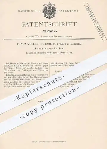 original Patent - Franz Müller , Emil M. Fasch , Leipzig , 1884 , Skripturen - Halter | Papier - Klemmbrett | Klammer