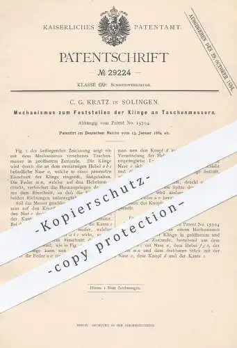 original Patent - C. G. Kratz , Solingen , 1884 , Feststellen der Klinge am Taschenmesser | Messer , Messerklingen !!!