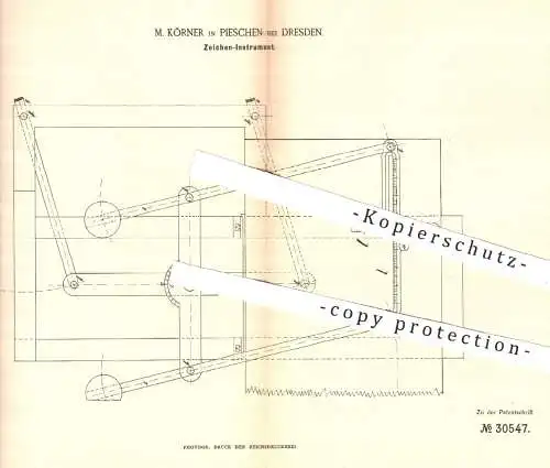 original Patent - M. Körner , Pieschen / Dresden 1884 , Zeichen-Instrument | Zeichnen , Architekt , Bauzeichner , Lineal