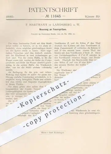 original Patent - F. Hartmann in Landsberg , 1880 , Feuerspritzen | Feuerwehr , Spritze , Wasserspritze , Pumpe , Pumpen