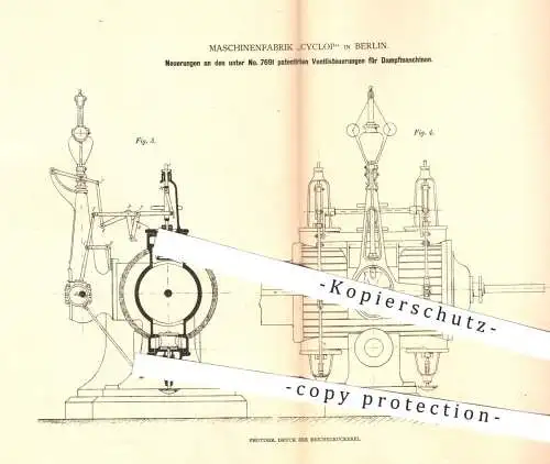 original Patent - Maschinenfabrik Cyclop , Berlin 1880 , Ventilsteuerungen für Dampfmaschinen | Motor , Motoren , Ventil