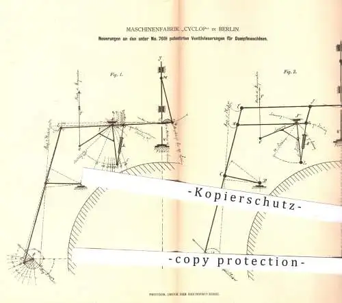 original Patent - Maschinenfabrik Cyclop , Berlin 1880 , Ventilsteuerungen für Dampfmaschinen | Motor , Motoren , Ventil