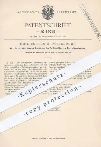 original Patent - Emil Bolten in Düsseldorf , 1880 , Mit Filter versehenes Heberohr im Ölbehälter an Petroleumlampen !!