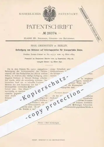 original Patent - Max Orenstein , Berlin , 1883 , Befestigung von Schienen für transportable Gleise | Eisenbahn !!!