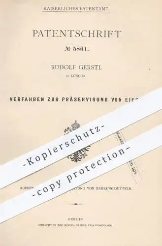 original Patent - Rudolf Gerstl in London , 1878 , Verfahren zur Präservierung von Eiern | Ei , Eier , Kohlensäure !!!