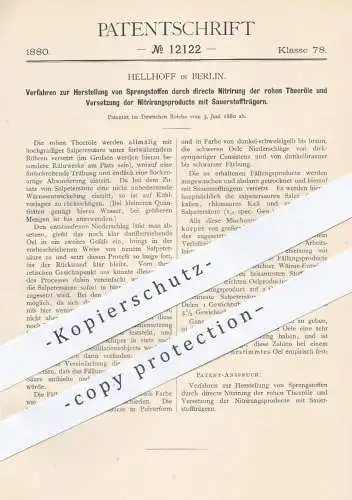 original Patent - Hellhoff , Berlin 1880 , Herstellung von Sprengstoff durch Nitrierung der rohen Teeröle | Sprengstoffe