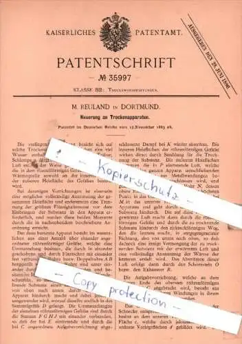 Original Patent  - M. Reuland in Dortmund , 1885 ,  Neuerung an Trockenapparaten !!!