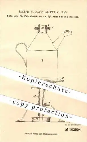 original Patent - Joseph Kudla in Gleiwitz , 1898 , Untersatz für Petroleumkannen , Petroleum , Öl , Kanne , Brenner !!