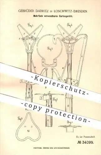 original Patent - Gebr. Däbritz , Loschwitz Dresden , 1885 , Mehrfach verwendbares Gartengerät , Garten , Landwirtschaft