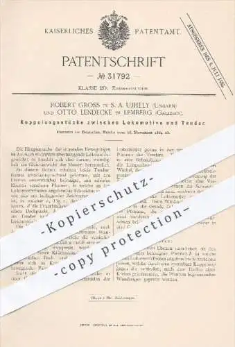 original Patent - R. Gross , S. A. Ujhely , Ungarn | O. Lendecke , Lemberg , Galizien , 1884 , Kupplung an Lokomotive !