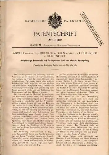Original Patentschrift - Freiherr von Odkolek in Fichtenhof b. Klagenfurt , 1897 , Feuerwaffe , Gewehr , Pistole , Wien