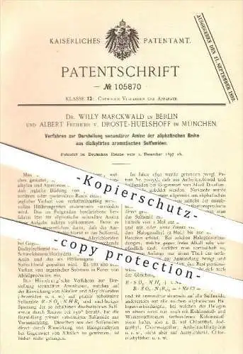 original Patent - Dr. Marckwald / Berlin , A. Freiherr von Droste - Huelshoff / München , 1897 , Darstellung sek. Amine