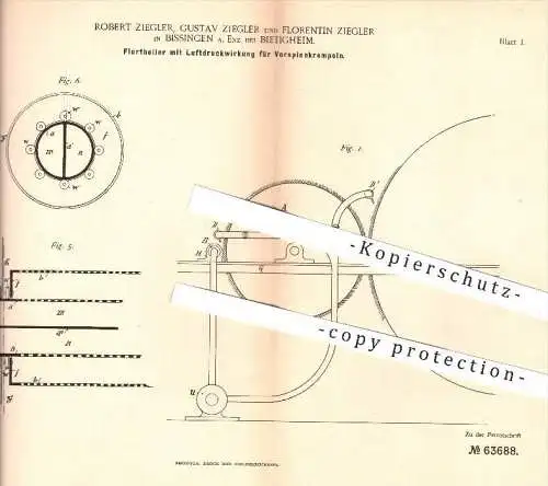 original Patent - R. & G. & F. Ziegler , Bissingen / Bietigheim , 1891 , Florteiler mit Luftdruck für Vorspinnkrempeln !