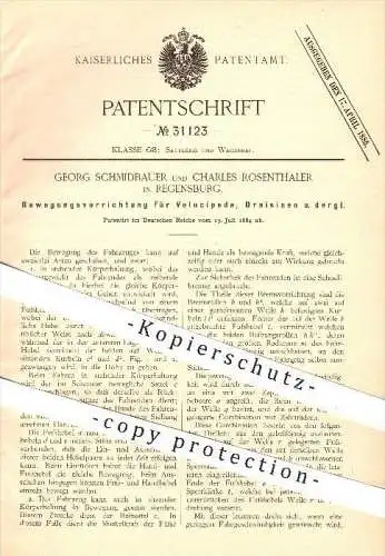 original Patent - G. Schmidbauer & Ch. Rosenthaler , Regensburg , 1884 , Bewegungsvorrichtung für Velociped , Draisine !