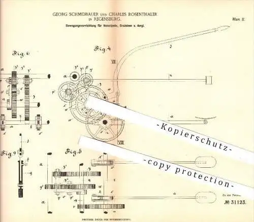 original Patent - G. Schmidbauer & Ch. Rosenthaler , Regensburg , 1884 , Bewegungsvorrichtung für Velociped , Draisine !