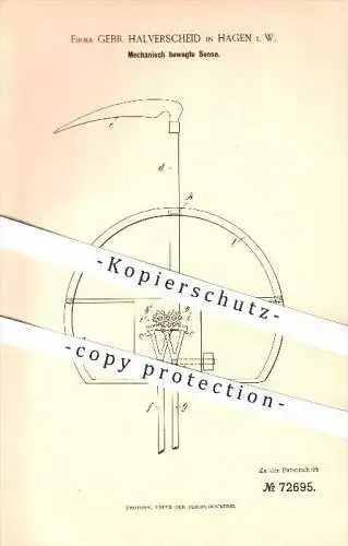 original Patent - Gebrüder Halverscheid in Hagen i. W. , 1893 , Mechanisch bewegte Sense , Landwirtschaft , Sensen !!!