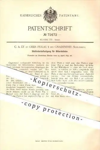 original Patent - C. A. Ey in Ober-Peilau I bei Gnadenfrei , Schlesien , 1893 , Befestigung für Billardstöcke , Billard