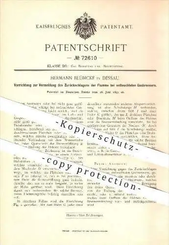 original Patent - Hermann Blümcke in Dessau , 1893 , Flamme bei Gasbrennern , Gas , Brenner , Beleuchtung , Licht !!!