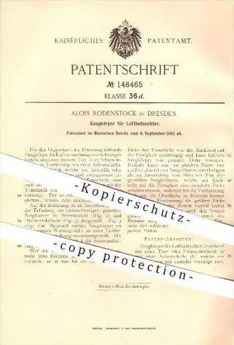 original Patent - Alois Rodenstock in Dresden , 1902 , Saugkörper für Luftbefeuchter , Luft , Luftfeuchte , Schamott !!!