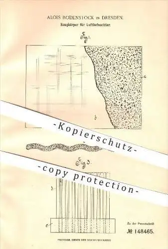 original Patent - Alois Rodenstock in Dresden , 1902 , Saugkörper für Luftbefeuchter , Luft , Luftfeuchte , Schamott !!!