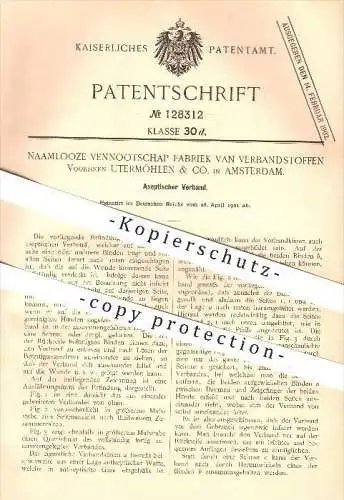 original Patent - Naamlooze Vennootschap Fabriek van Verbandstoffen , Utermöhlen & Co. in Amsterdam , 1901 , Verband !