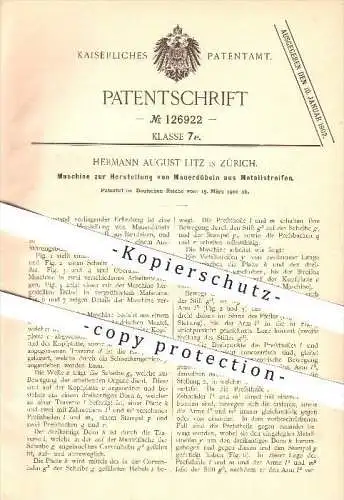 original Patent - Hermann August Litz in Zürich , 1901 , Herstellung von Mauerdübeln aus Metall , Dübel !!!