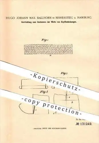 original Patent - Hugo Johann Max Ballhorn in Reiherstieg b. Hamburg , 1901 , Kopfbedeckungen , Hut , Hüte , Modist !!!
