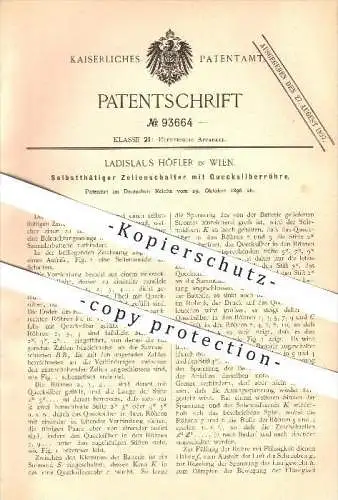 original Patent - Ladislaus Höfler in Wien , 1896 , Zellenschalter mit Quecksilberröhre , Quecksilber !!!