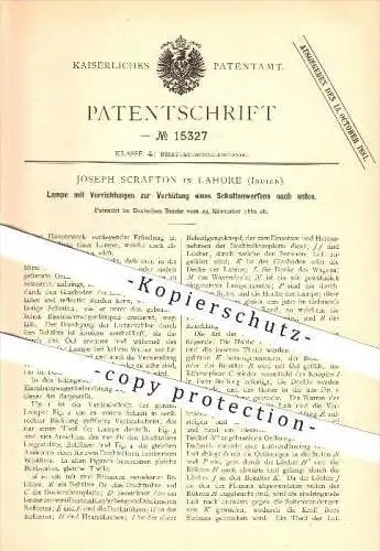 original Patent - Joseph Scrafton in Lahore , Indien , 1880 , Lampe mit Vorrichtung zur Verhütung eines Schattenwerfens