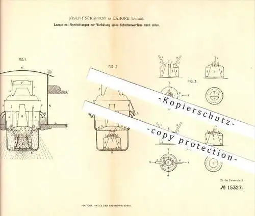 original Patent - Joseph Scrafton in Lahore , Indien , 1880 , Lampe mit Vorrichtung zur Verhütung eines Schattenwerfens