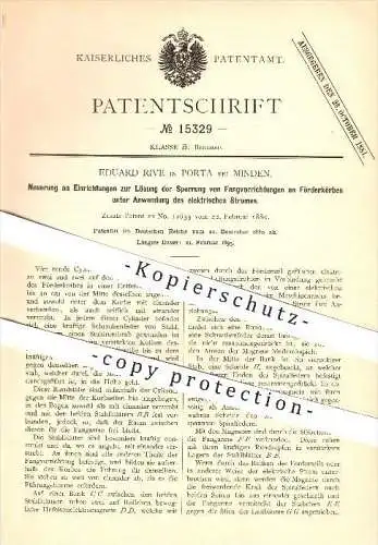original Patent - Eduard Rive in Porta bei Minden , 1880 , Entsperrung von Fangvorrichtungen an Förderkörben !!!