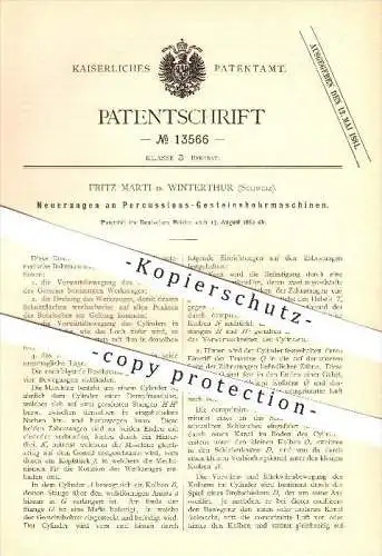 original Patent - Fritz Marti in Winterthur , 1880 , Percussions-Gesteinsbohrmaschinen , Bergbau !!!