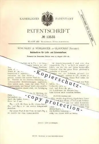 original Patent - Schumann & Mühlbauer in Glachau , 1880 , Gebläseform für Löt- und Schmiedefeuer !!!