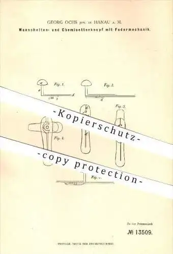 original Patent - Georg Ochs Jun. in Hanau a. M. , 1880 , Manschetten- und Chemisettenknopf mit Federmechanik !!!