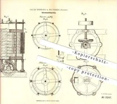 original Patent - Oscar Rissmann in Mittweida , 1885 , Getreideschälmaschine , Mühlen , Landwirtschaft !!!