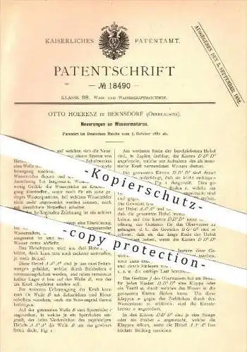 original Patent - Otto Hoerenz in Bernsdorf / Oberlausitz , 1881 , Wassermotoren , Wasserkraftmaschinen !!!