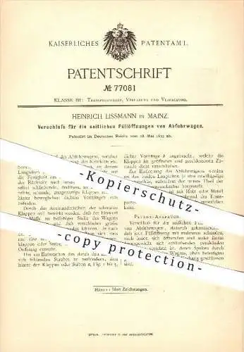 original Patent - Heinrich Lissmann in Mainz , 1893 , Verschluss für die seitlichen Füllöffnungen von Abfuhrwagen !!!