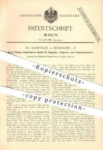 original Patent - Th. Mannviller in Mülhausen i. E.  /  Mulhouse , 1895 , Spindel für Ringspulmaschine !!!