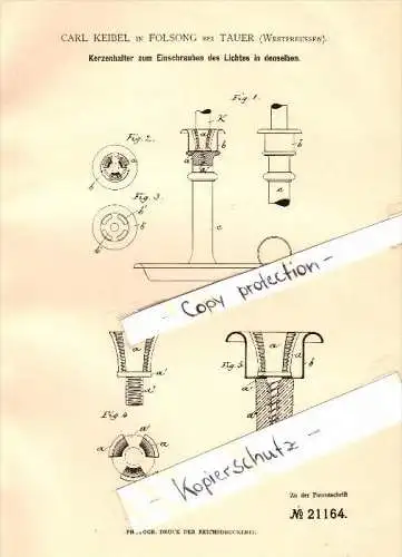 Original Patentschrift - C. Keibel in Folsong b. Tauer / Turzno , 1882 , Kerzenhalter , Beleuchtung , Kr. Thorn !!!