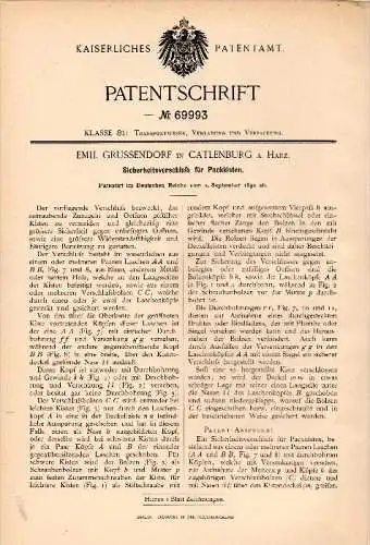 Original Patent -  Emil Grussendorf in Catlenburg a. Harz / Katlenburg-Lindau , 1892 , Transportverschluß für Kisten !!!
